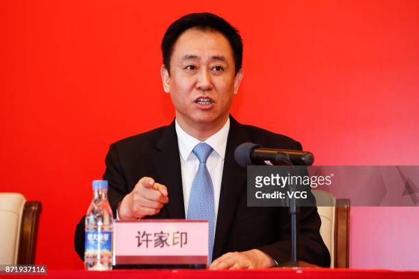 Chairman of Evergrande Group Xu Jiayin attends a press conference with new head coach of Guangzhou Evergrande Fabio Cannavaro on November 9, 2017 in...