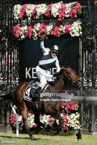 Stephen Baster rides Pinot to win race 8 the Kennedy Oaks on 2017 Oaks Day at Flemington Racecourse on November 9, 2017 in Melbourne, Australia.