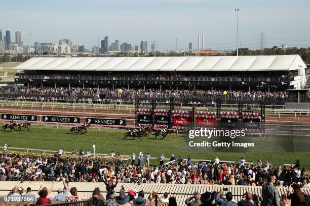 Stephen Baster rides Pinot to win race 8 the Kennedy Oaks on 2017 Oaks Day at Flemington Racecourse on November 9, 2017 in Melbourne, Australia.