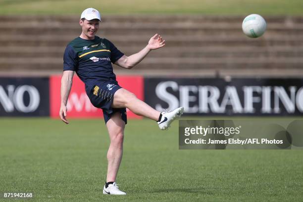 Patrick Dangerfield in action during an Australia International Rules Series Training Session at Adelaide Oval on November 9, 2017 in Adelaide,...