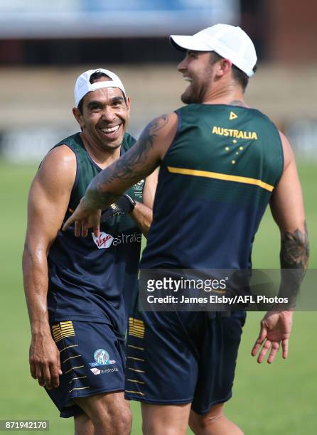 Eddie Betts and Chad Wingard have a laugh during an Australia International Rules Series Training Session at Adelaide Oval on November 9, 2017 in...