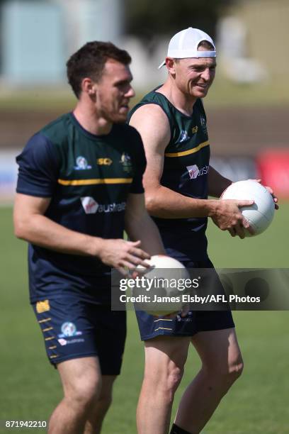 Luke Shuey and Brendon Goddard during an Australia International Rules Series Training Session at Adelaide Oval on November 9, 2017 in Adelaide,...