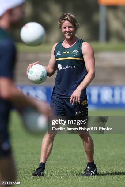 Rory Sloane laughs during an Australia International Rules Series Training Session at Adelaide Oval on November 9, 2017 in Adelaide, Australia.