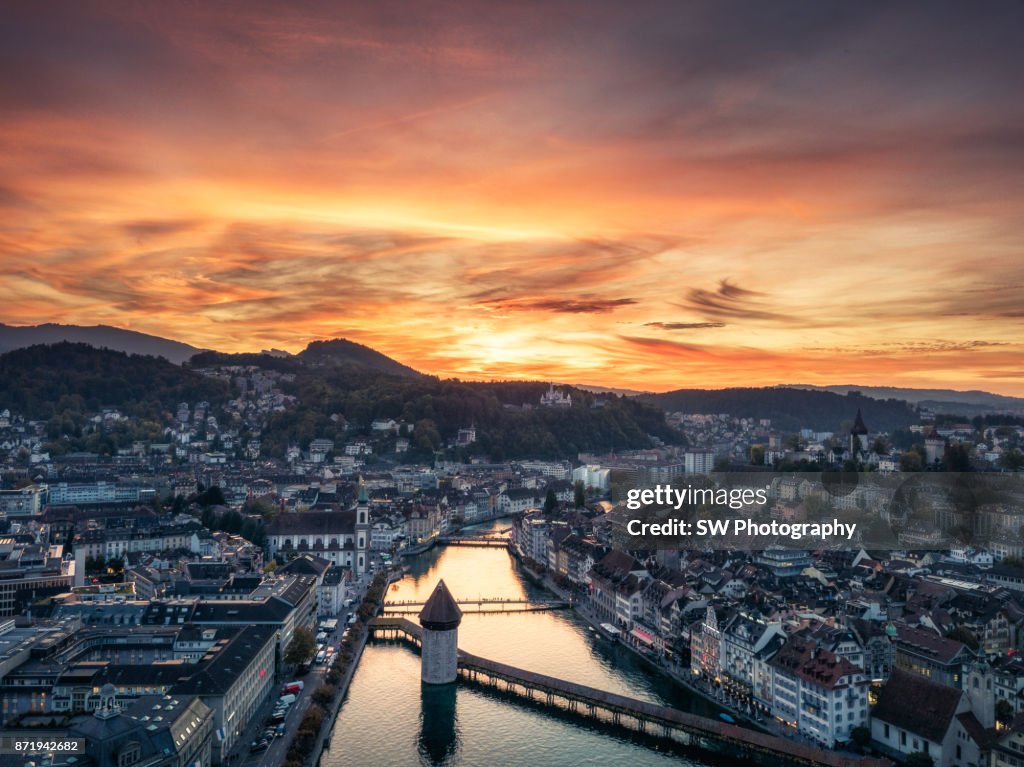 Dramatic Sunset photo of Lucerne city, Switzerland