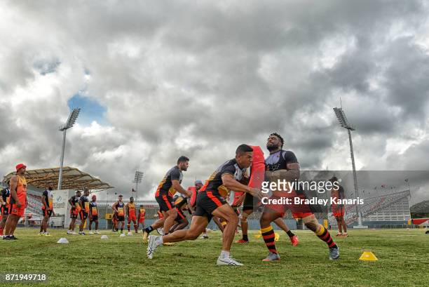 David Mead and team mates hit the pads during a PNG Kumuls Rugby League World Cup training session on November 9, 2017 in Port Moresby, Papua New...