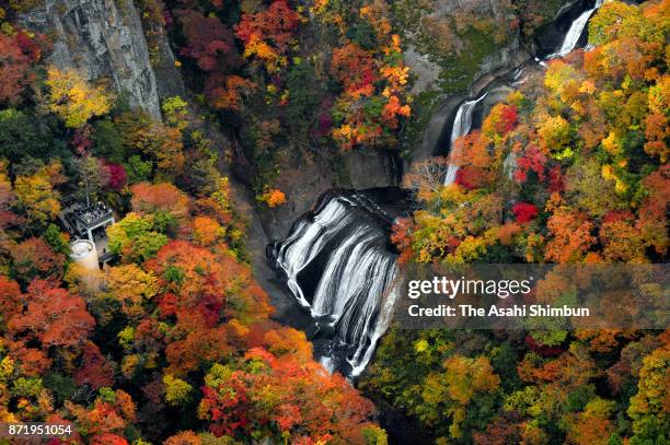 In this aerial image, autumn colours are seen around Fukuroda Falls on November 6, 2017 in Daigo, Ibaraki, Japan.