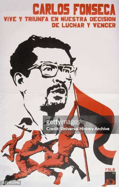 Sandinista National Liberation Front propaganda poster in Nicaragua. Depicts, Carlos Fonseca Amador, Nicaraguan founder of the Sandinistas. The party...
