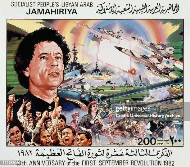 Libyan propaganda poster 1982, depicting the Libyan leader Muammar Mohammed Abu Minyar Gaddafi , a Libyan revolutionary, politician, and political...