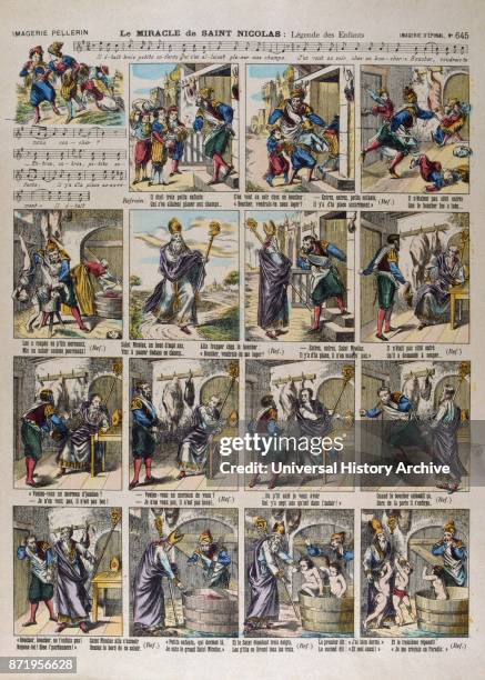 Coloured woodblock illustrations, showing a famous 'Miracle' of St Nicholas. Accordingly, during a terrible famine, a malicious butcher lured three...