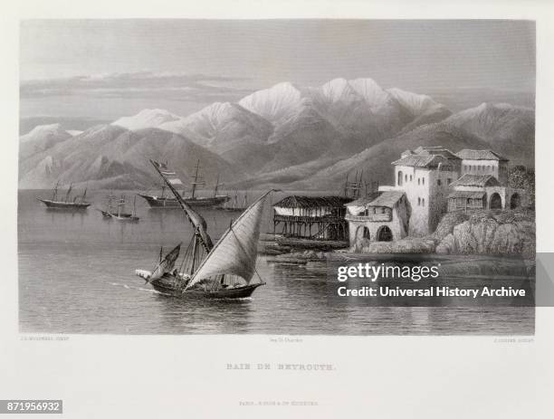 Engraving by Victor Gu_rin depicting the harbour of Beirut, Lebanon. 1875.