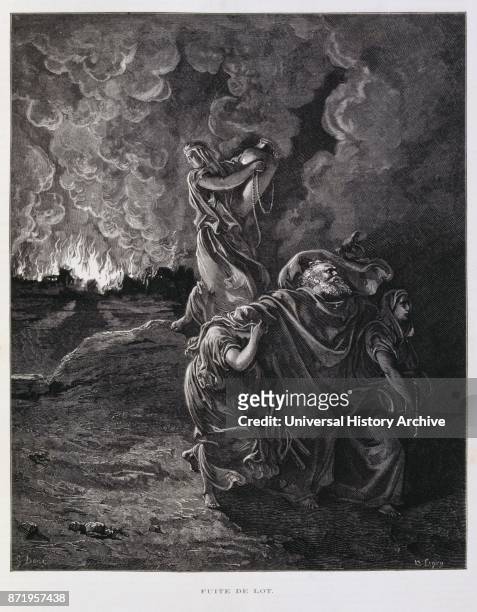 Engraving by Gustave Dor_ ; Lot was a patriarch in the biblical Book of Genesis. Illustration shows his flight from the destruction of Sodom and...