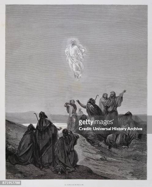 Engraving by Gustave Dor_ ; The Ascension of Jesus. The departure of Christ from Earth, takes place 40 days after the Resurrection: Jesus, in the...