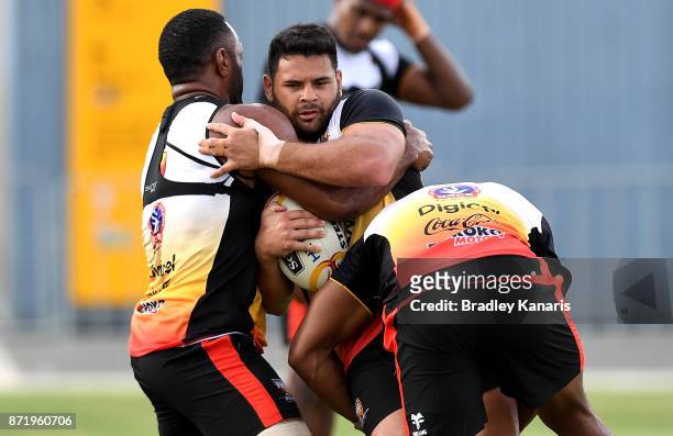 Rhyse Martin is tackled during a PNG Kumuls Rugby League World Cup training session on November 9, 2017 in Port Moresby, Papua New Guinea.