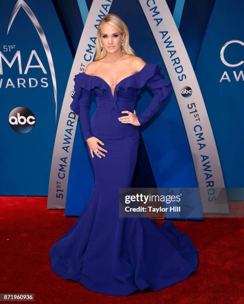 Carrie Underwood attends the 51st annual CMA Awards at the Bridgestone Arena on November 8, 2017 in Nashville, Tennessee.