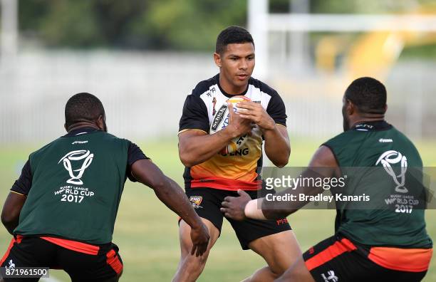 David Mead takes on the defence during a PNG Kumuls Rugby League World Cup training session on November 9, 2017 in Port Moresby, Papua New Guinea.