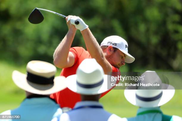Tyrrell Hatton of England tees off on the 2nd hole during the first round of the Nedbank Golf Challenge at Gary Player CC on November 9, 2017 in Sun...