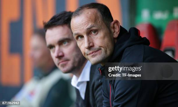 Head coach Heiko Herrlich of Leverkusen looks on during the Bundesliga match between FC Augsburg and Bayer 04 Leverkusen at WWK-Arena on November 4,...