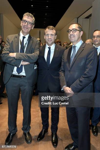 French President Emmanuel Macron , Former Chief Executive of the Louvre Henri Loyrette and Chief Executive of the Louvre Jean-Luc Martinez attend The...