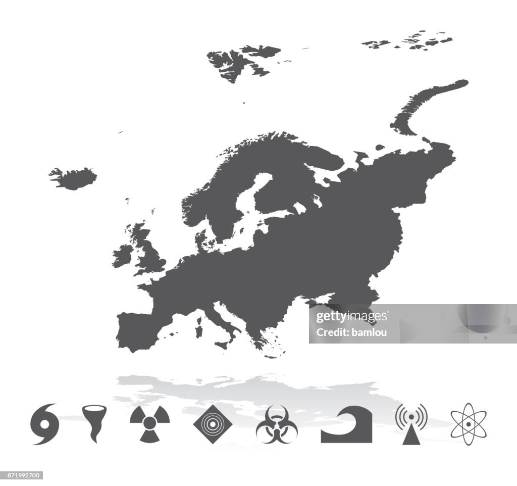 Map of Europe with Disaster Icons Set