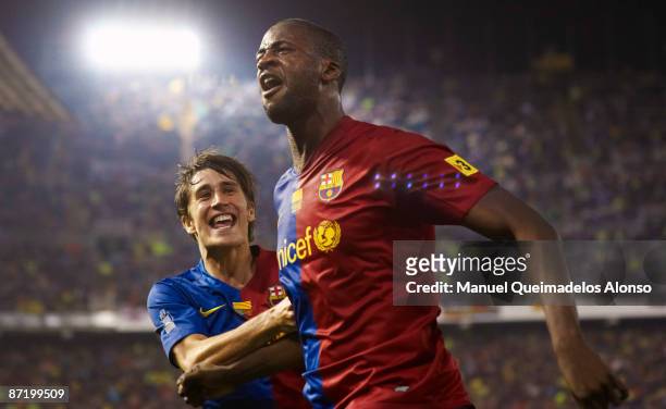 Toure Yaya of Barcelona celebrates the first goal with teammate Bojan Krkic during the Copa del Rey final match between Barcelona and Athletic Bilbao...