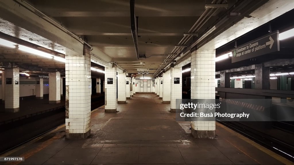 Empty subway platform of the G Train, New York City