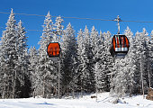Two cable car cabins and snow-covered spruce trees in the ski resort.