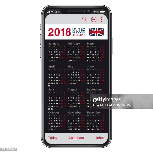 2018 uk kalender auf smartphone - fashion week stock-grafiken, -clipart, -cartoons und -symbole