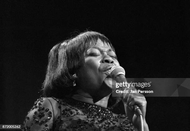 American jazz singer Sarah Vaughan performing in Copenhagen, Denmark, October 1969.