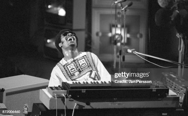 Stevie Wonder performing at MIDEM, Cannes, France, January 1974.