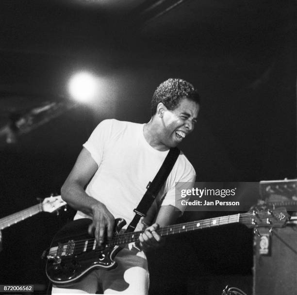 American jazz bass player Stanley Clarke performing at Jazzhouse Montmartre Copenhagen, Denmark, June 1987.