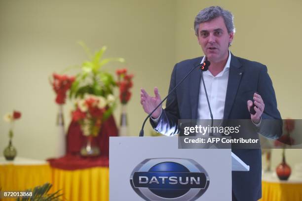 Managing Director of Nissan Motor India Jerome Saigot speaks during the launch of the Datsun redi-Go car that will mark the companys 1 millionth car...