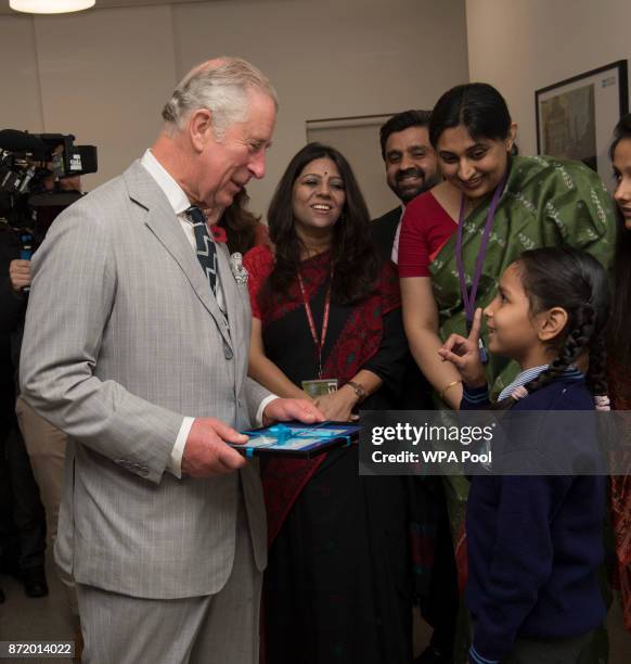 Prince Charles, Prince of Wales meets children from the Lajpat Nagar-III School during a visit to India on November 9, 2017 in New Delhi, India. The...