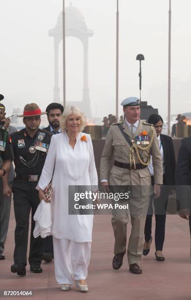 Camilla, Duchess of Cornwall at India Gate during a visit to India on November 9, 2017 in New Delhi, India. The Prince of Wales and Duchess of...