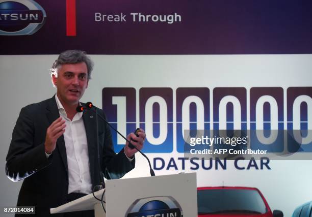 Managing Director of Nissan Motor India Jerome Saigot speaks during the launch of the Datsun redi-Go car that will mark the companys 1 millionth car...
