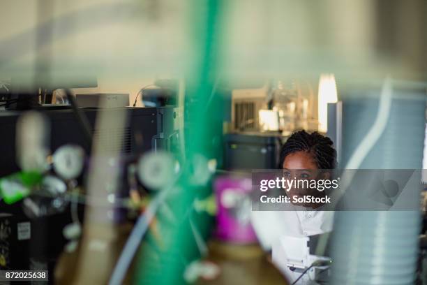 vrouw in een medische wetenschap onderzoeksfaciliteit - stem cell research stockfoto's en -beelden