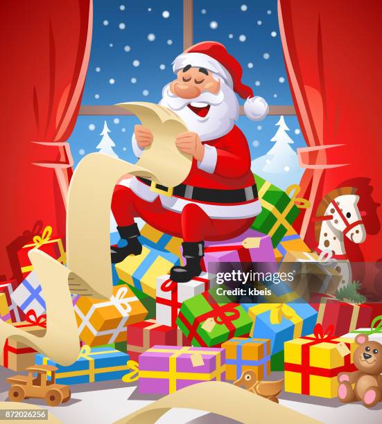 santa claus eine wunschliste vor einem fenster lesen - christmas list stock-grafiken, -clipart, -cartoons und -symbole