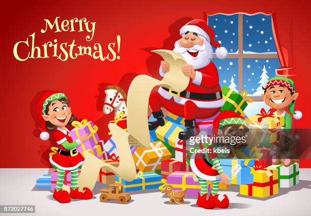 stockillustraties, clipart, cartoons en iconen met kerstman en elfen voorbereiden op kerst - elf toy