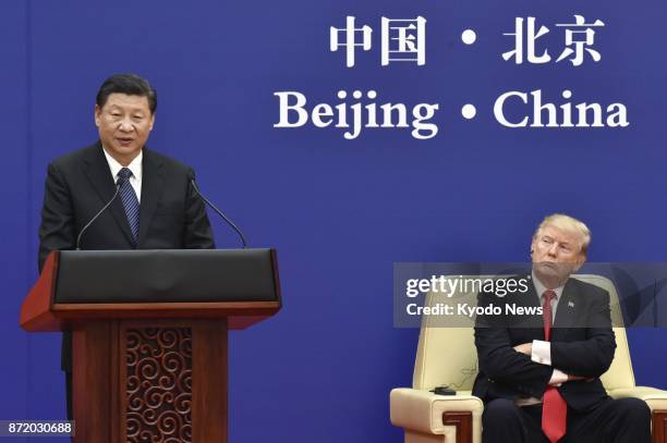 Chinese President Xi Jinping speaks at a joint press conference with U.S. President Donald Trump following their meeting in Beijing on Nov. 9, 2017....