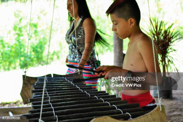 Kid and a woman tsachilas playing the Marimba. Tsachila community. Santo Domingo de los Tsachilas. Pichincha. Ecuador.