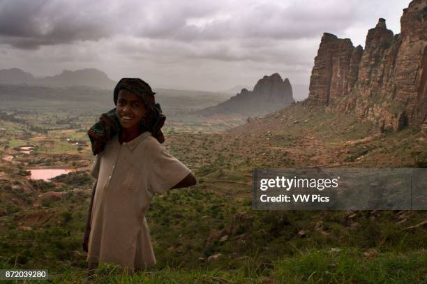 Gheralta mountains, near Hawzen, Eastern Tigray, Ethiopia. Trekking in Gheralta. To access the churches nestled in the rocks that are at the top of...