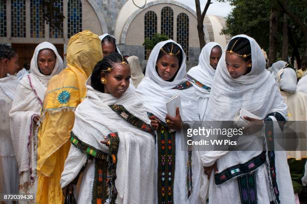 Wedding in St Mary of Zion church, Aksum, Ethiopia. Wedding guests, perfectly dressed for the occasion, at the modern St Mary of Zion Church of Axum....