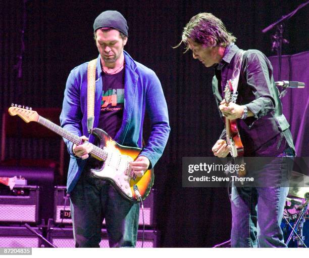 Doyle Bramhall II and Charlie Sexton of Arc Angels perform on stage on the first night of Eric Clapton's UK tour at Echo Arena on May 13, 2009 in...