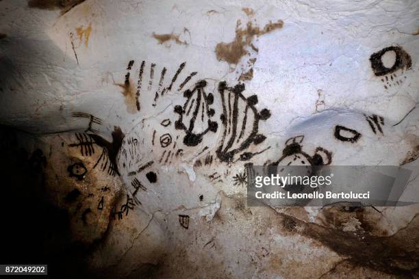 Neolithic pictorial representations in the interior view of the “Grotta dei Cervi” on July 31, 2017 in Salento, Italy. Initially named the Cave of...