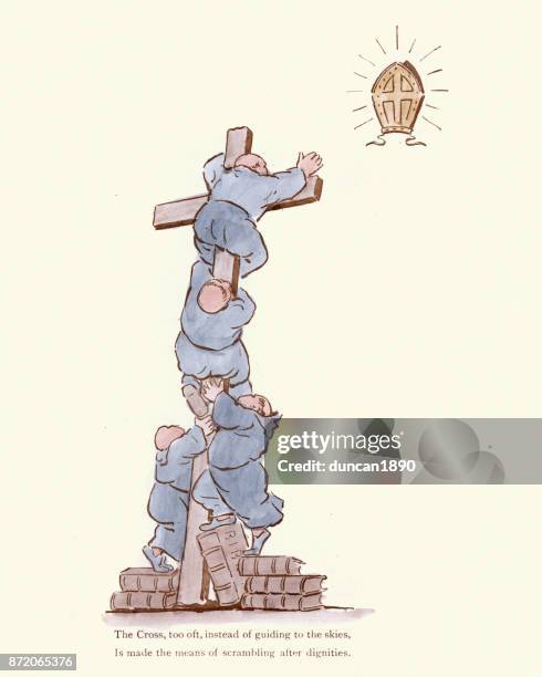 victorian satirical cartoon on religion and attaining power - satire stock illustrations