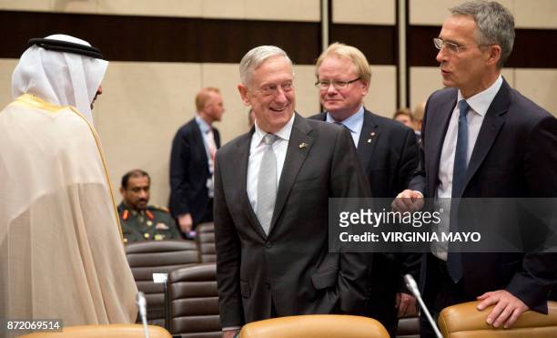 Defence Secretary James Mattis and NATO Secretary General Jens Stoltenberg speak with Saudi Arabia's Assistant Minister of Defense Mohammed Al-Ayeesh...