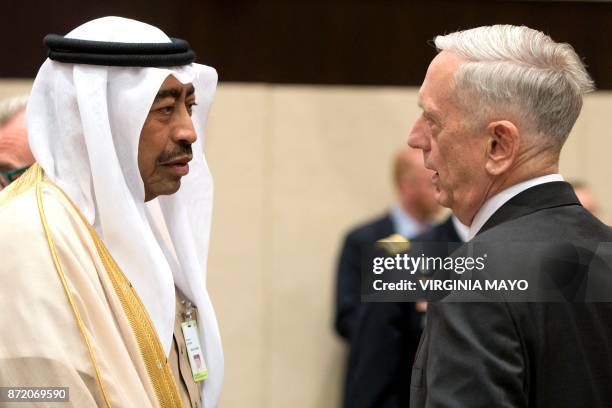 Defence Secretary James Mattis speaks with Saudi Arabia's Assistant Minister of Defense Mohammed Al-Ayeesh during a round table meeting on the second...