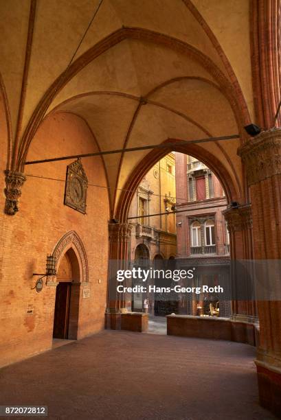 arcades of the "camera di commercio" of the chamber of commerce in the palazzo della mercanzia - mercanzia stock pictures, royalty-free photos & images