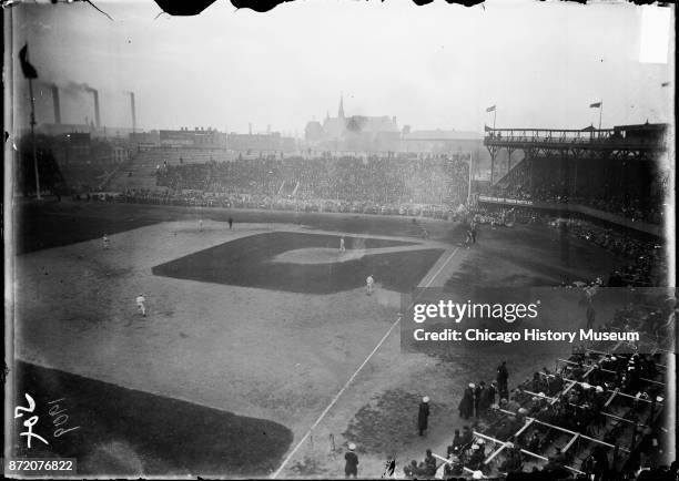 View of on-field action during the City Championship Series between the Chicago White Sox and Chicago Cubs at South Side Park, Chicago, Illinois,...