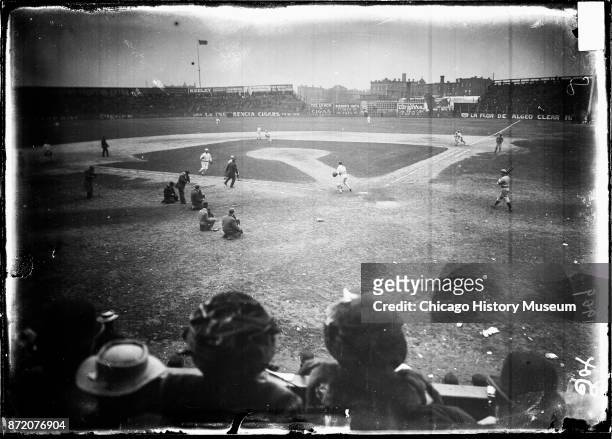 View of on-field action during the City Championship Series between the Chicago White Sox and Chicago Cubs at South Side Park, Chicago, Illinois,...