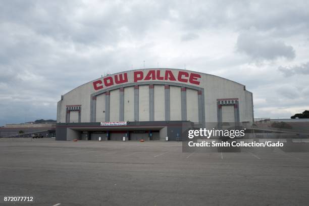 Facade of the Cow Palace on an overcast day, a sports and entertainment arena known for hosting large events and rodeos, in the San Francisco Bay...